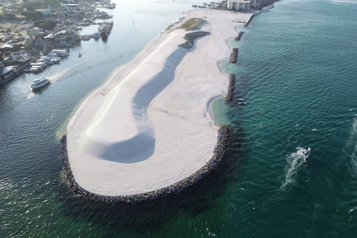 Aerial view of restored peninsula with dunes.